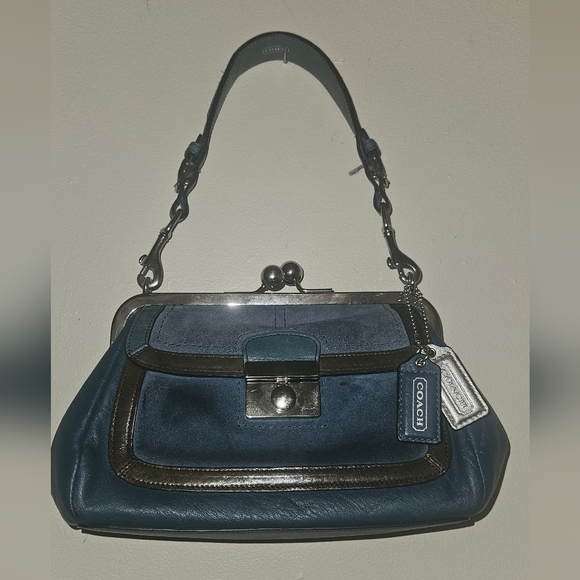 Coach Y2K Vintage Satchel Bag Blue Leather Suede Kiss Lock RARE Limited Edition - Picture 4 of 17